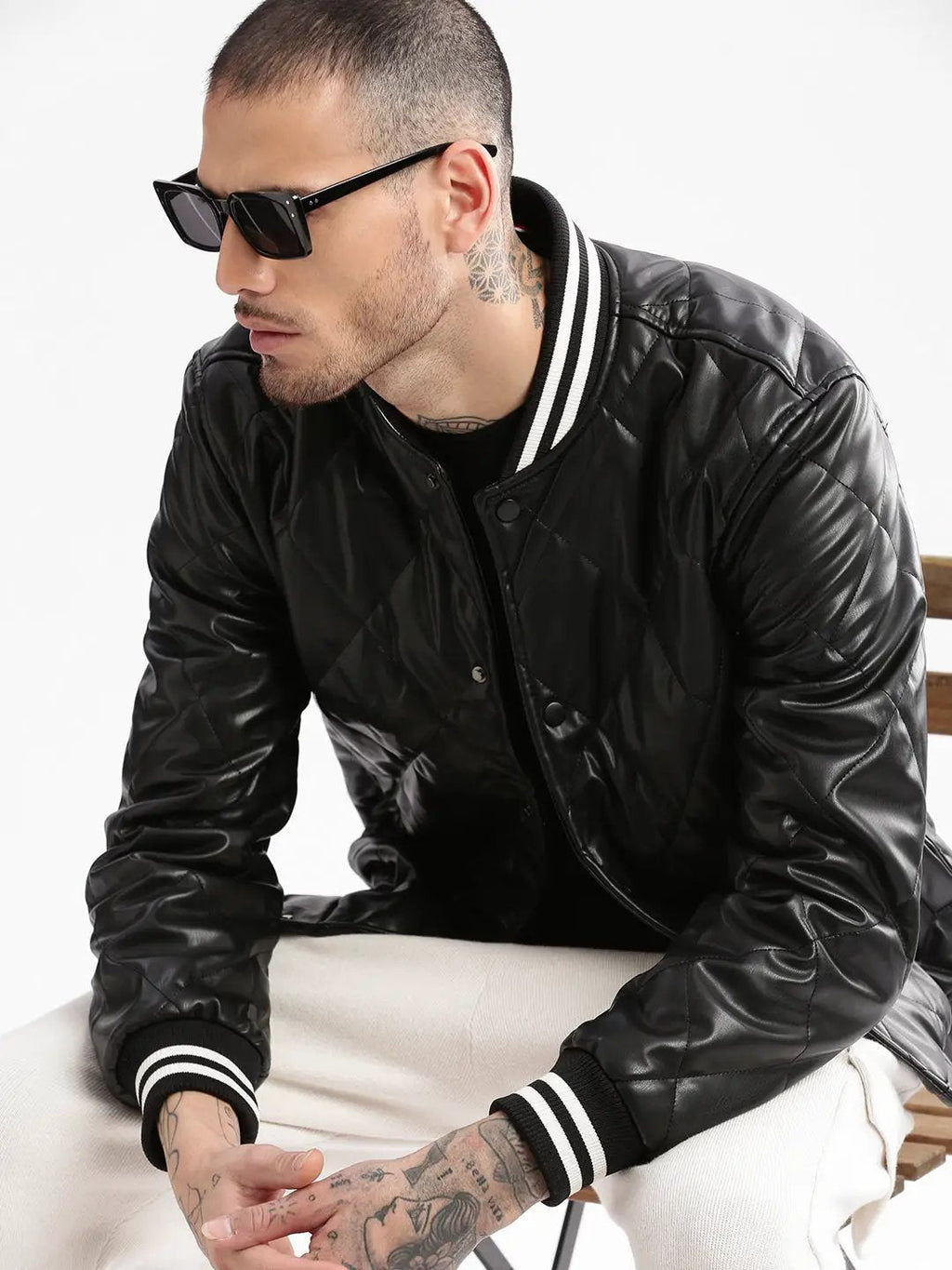 Men's Mandarin Collar Black Solid Leather Jacket