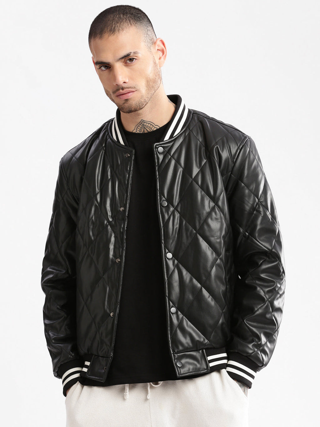 Men's Mandarin Collar Black Solid Leather Jacket
