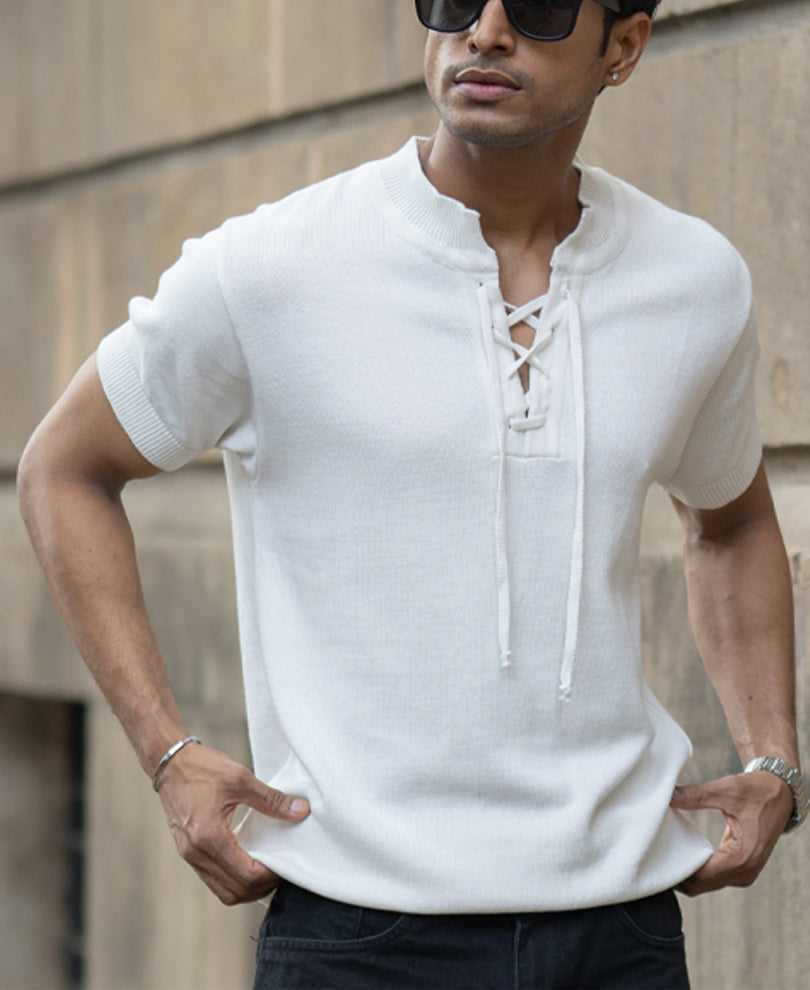 White Knitted Regular Fit Henley T-Shirt 100% Cotton