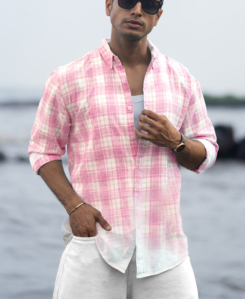 Pink Light Weight Ombre Checks Shirt 100% Cotton