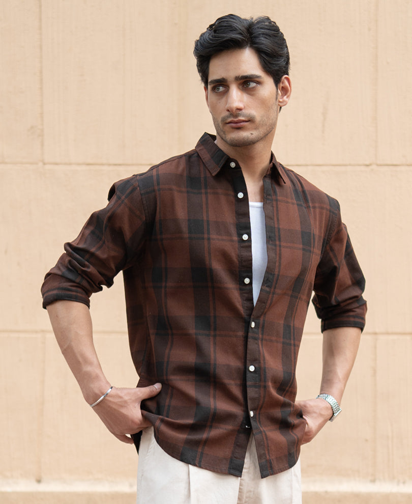 Dark Brown Structured Checked Shirt 100% Cotton