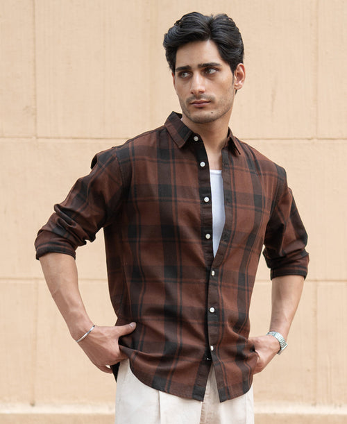 Dark Brown Structured Checked Shirt 100% Cotton