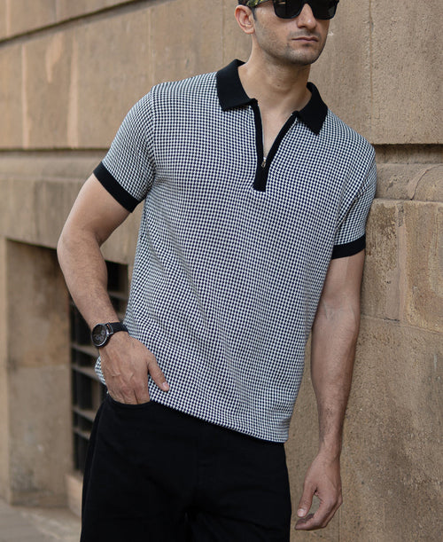 Black And White Knit Polo T-Shirt 100% Cotton