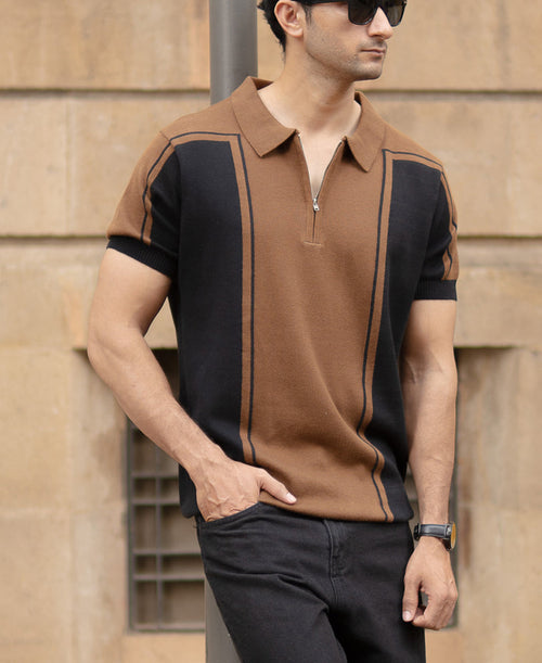 Brown And Black Panelled T-Shirt 100% Cotton