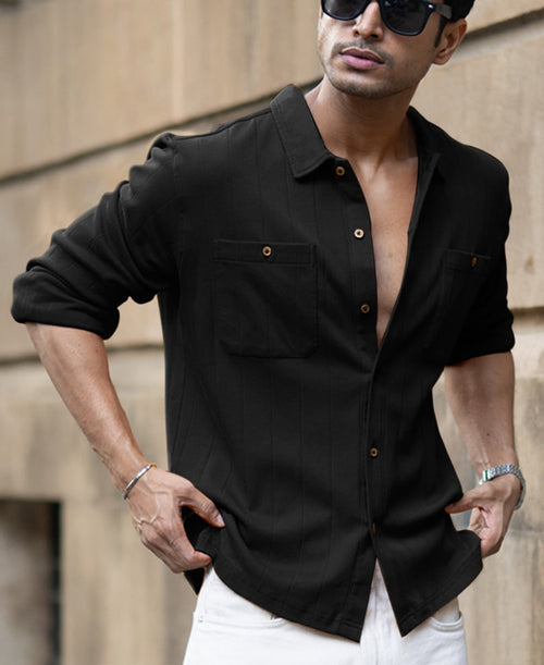 Black Double Pocket Knit Shirt 100% Cotton