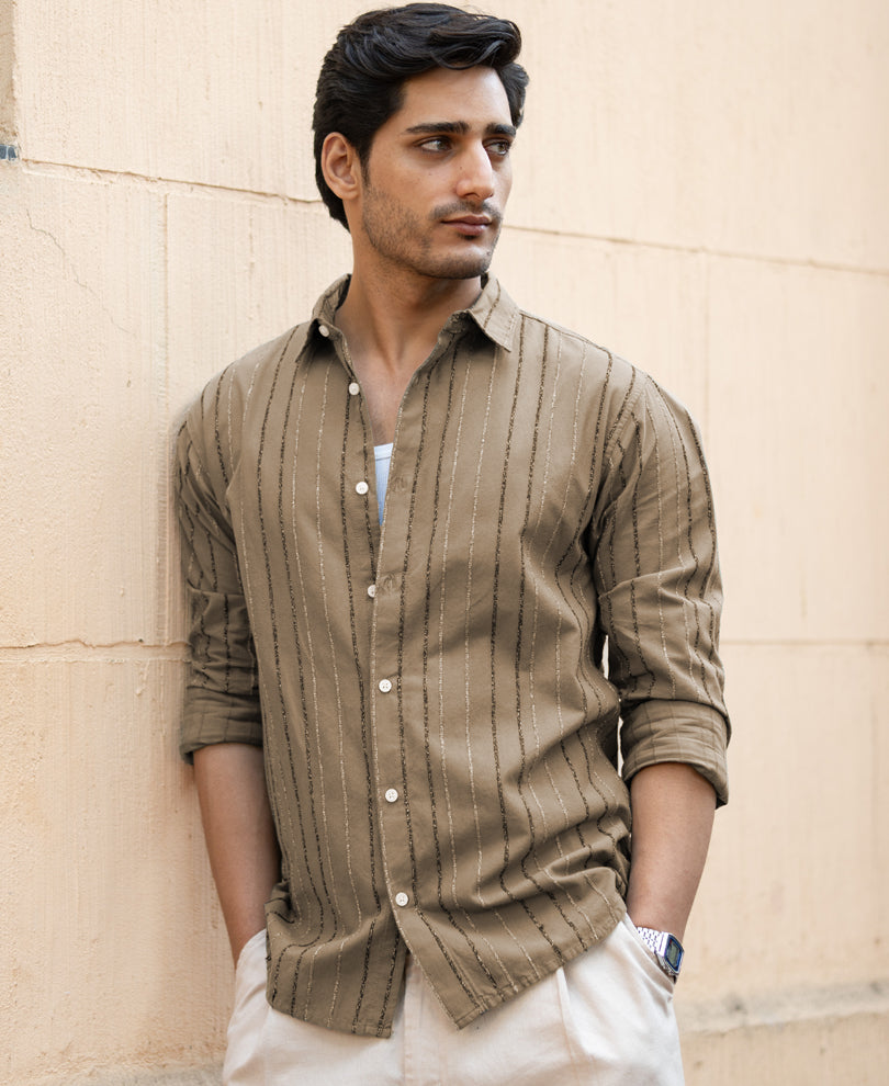 Dark Beige Boucle Stripe Shirt 100% Cotton