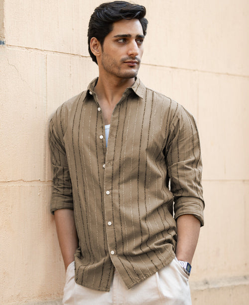 Dark Beige Boucle Stripe Shirt 100% Cotton