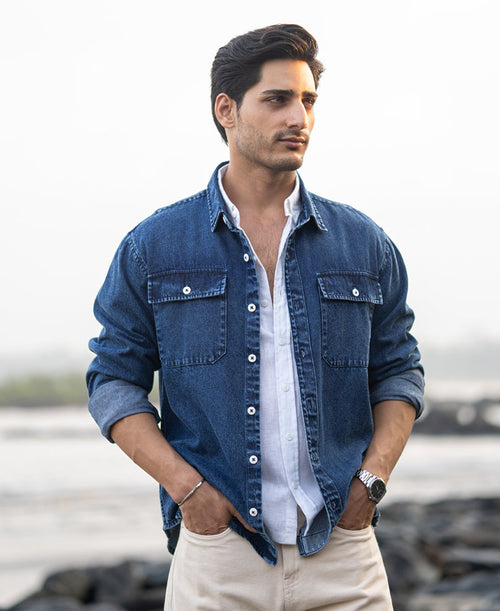 Dark Blue Washed Denim Full Sleeves Shirt 100% Cotton
