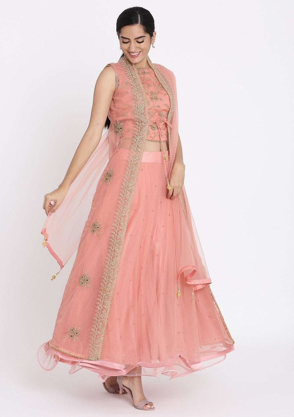 Pink Zariwork Net Readymade Lehenga