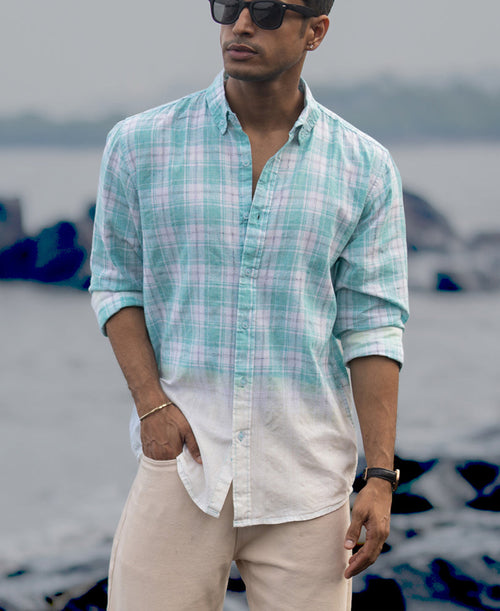 Aqua Blue Light Weight Ombre Checks Shirt 100% Cotton