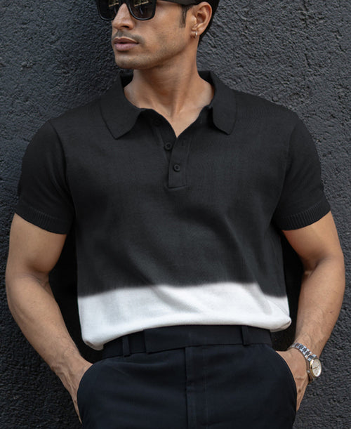 Black Ombre Knit Polo T-Shirt 100% Cotton