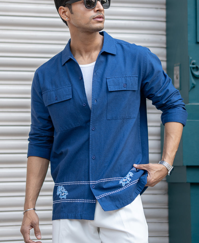 Navy Embroidered Linen Shirt