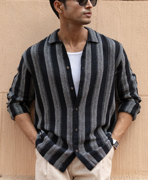 Black Structured Striped Shirt 100% Cotton