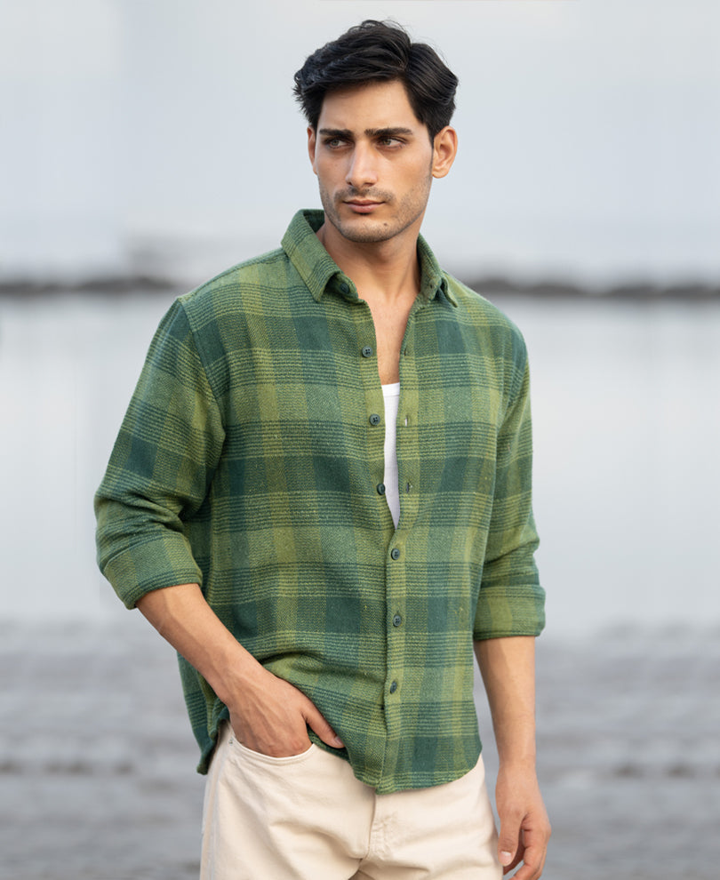 Green Structured Check Shirt 100% Cotton
