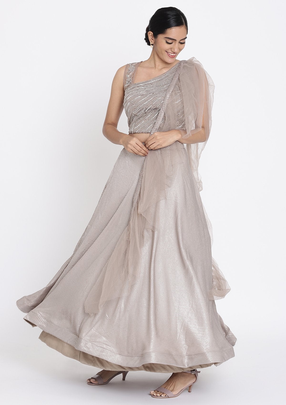 Light Brown Sequins Satin Readymade Lehenga