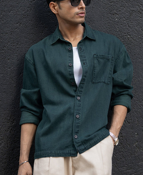 Dark Green Over Dyed Denim Shirt 100% Cotton
