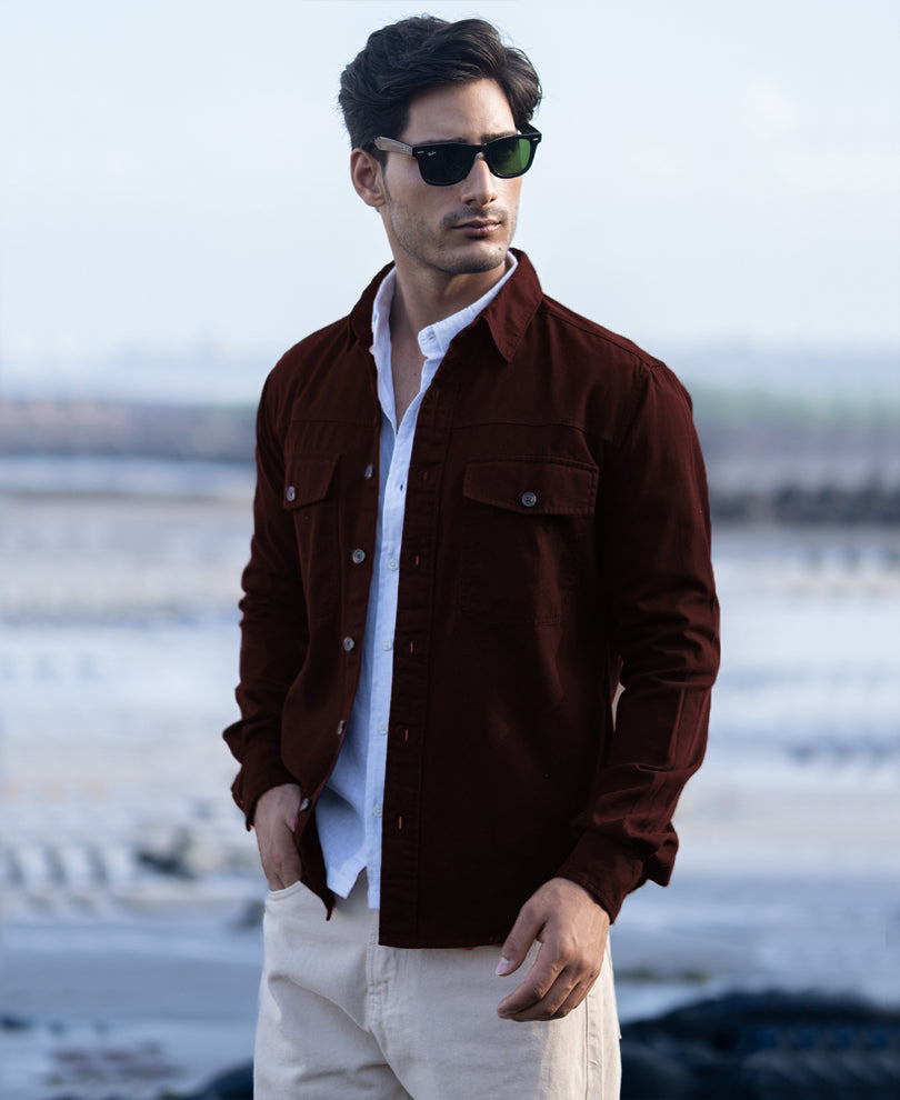 Wine Structured Overshirt With Pockets 100% Cotton