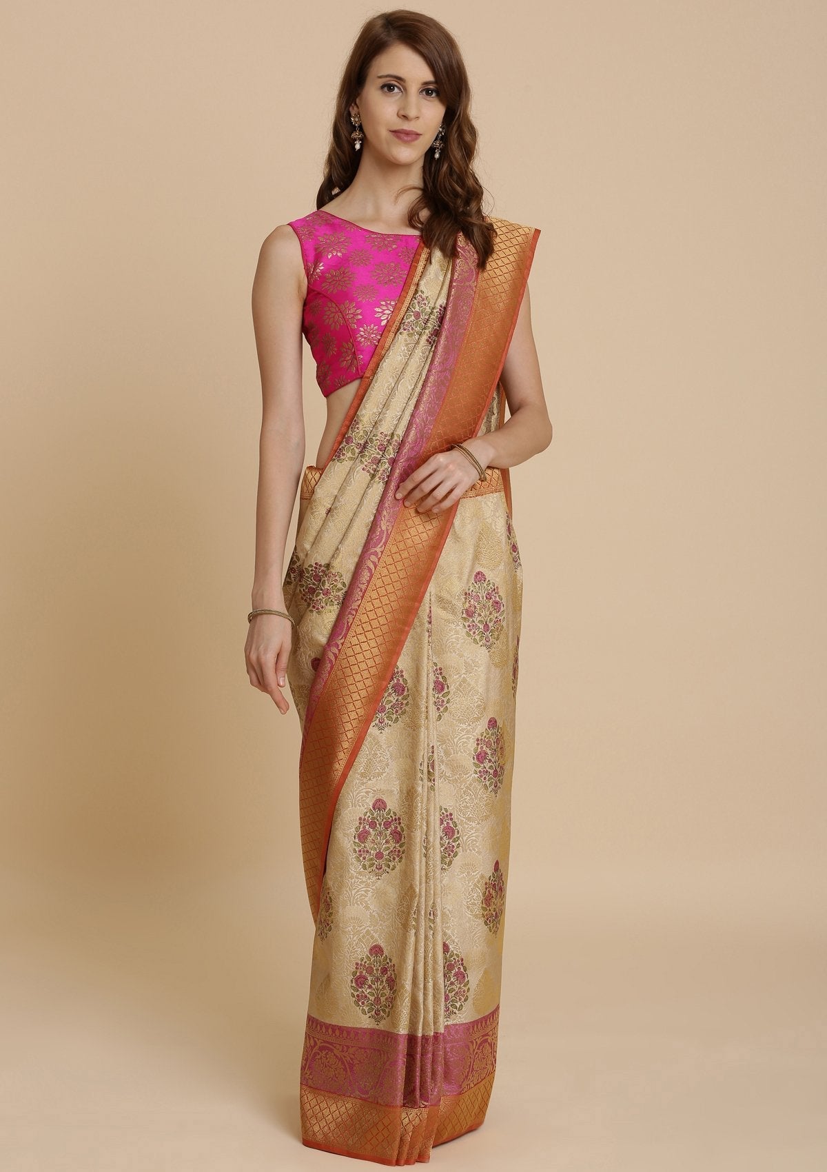 Orange and Cream Art Silk Saree