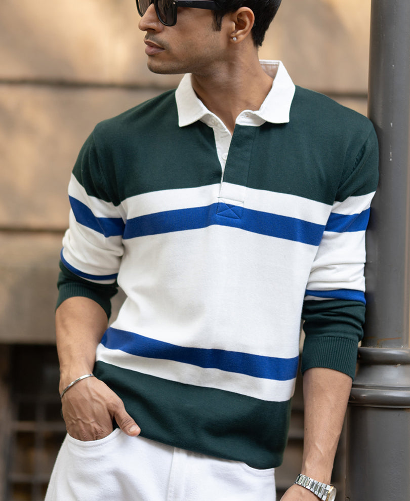 Olive And White Stripe Polo T-Shirt 100% Cotton