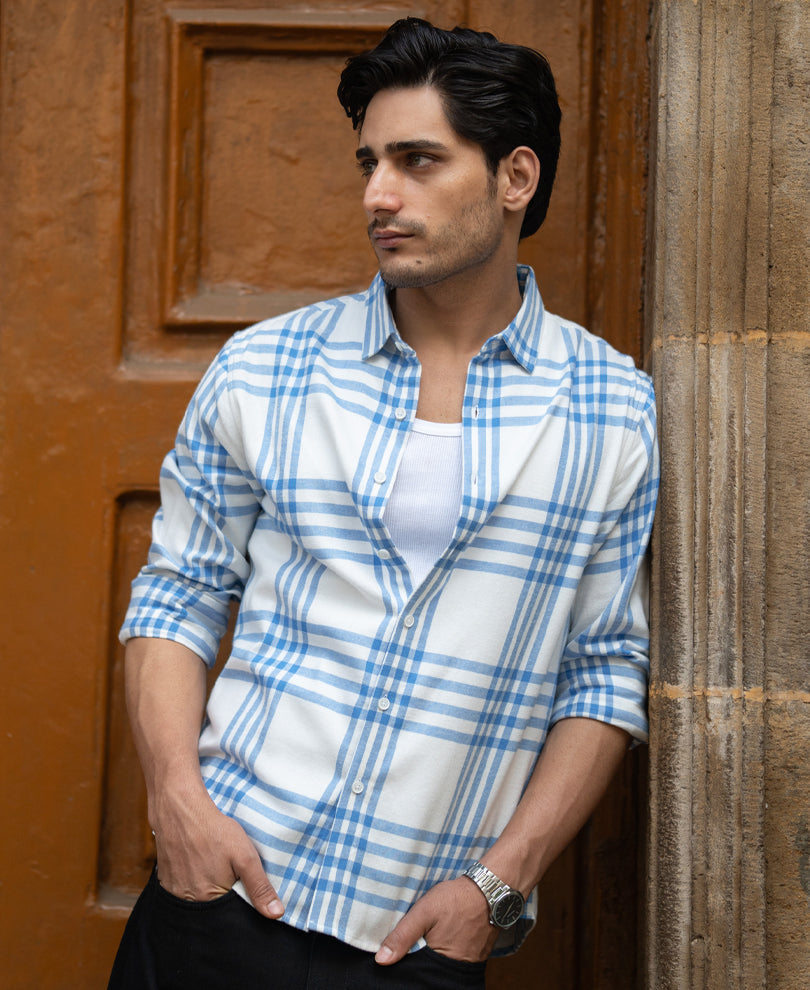 White & Royal Brushed Checks Shirt 100% Cotton