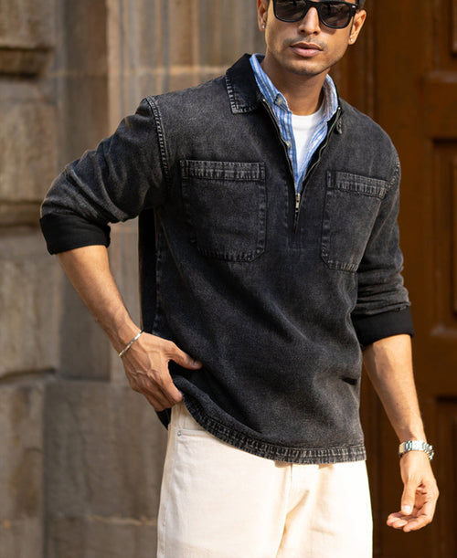 Black Washed Denim Polo Shirt 100% Cotton