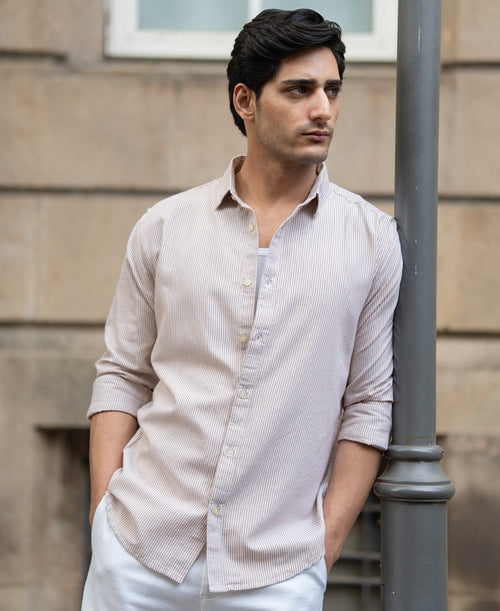 Dark Beige Oxford Stripe Shirt 100% Cotton