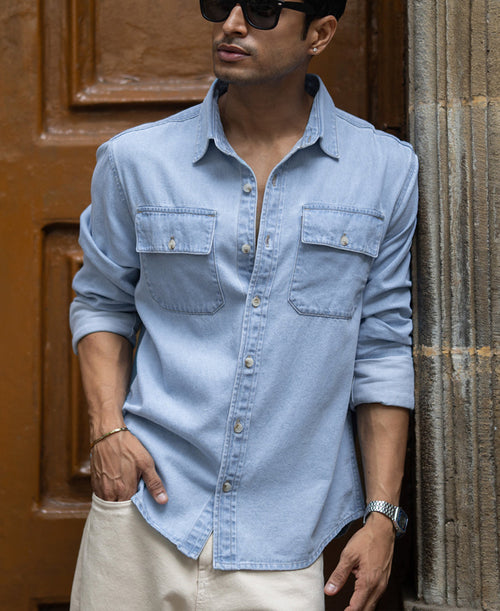 Blue Washed Denim Double Pocket Shirt 100% Cotton