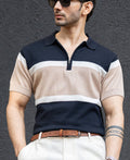 Navy & Beige Knit Stripe T-Shirt 100% Cotton