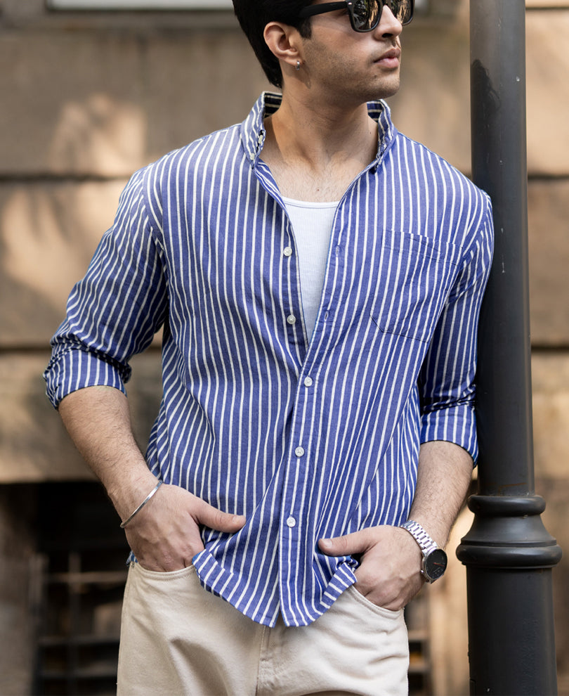 Dark Blue Lightweight Stripe Shirt 100% Cotton