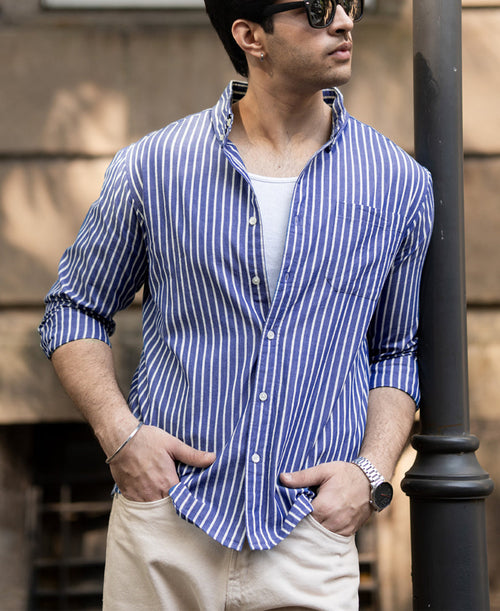 Dark Blue Lightweight Stripe Shirt 100% Cotton