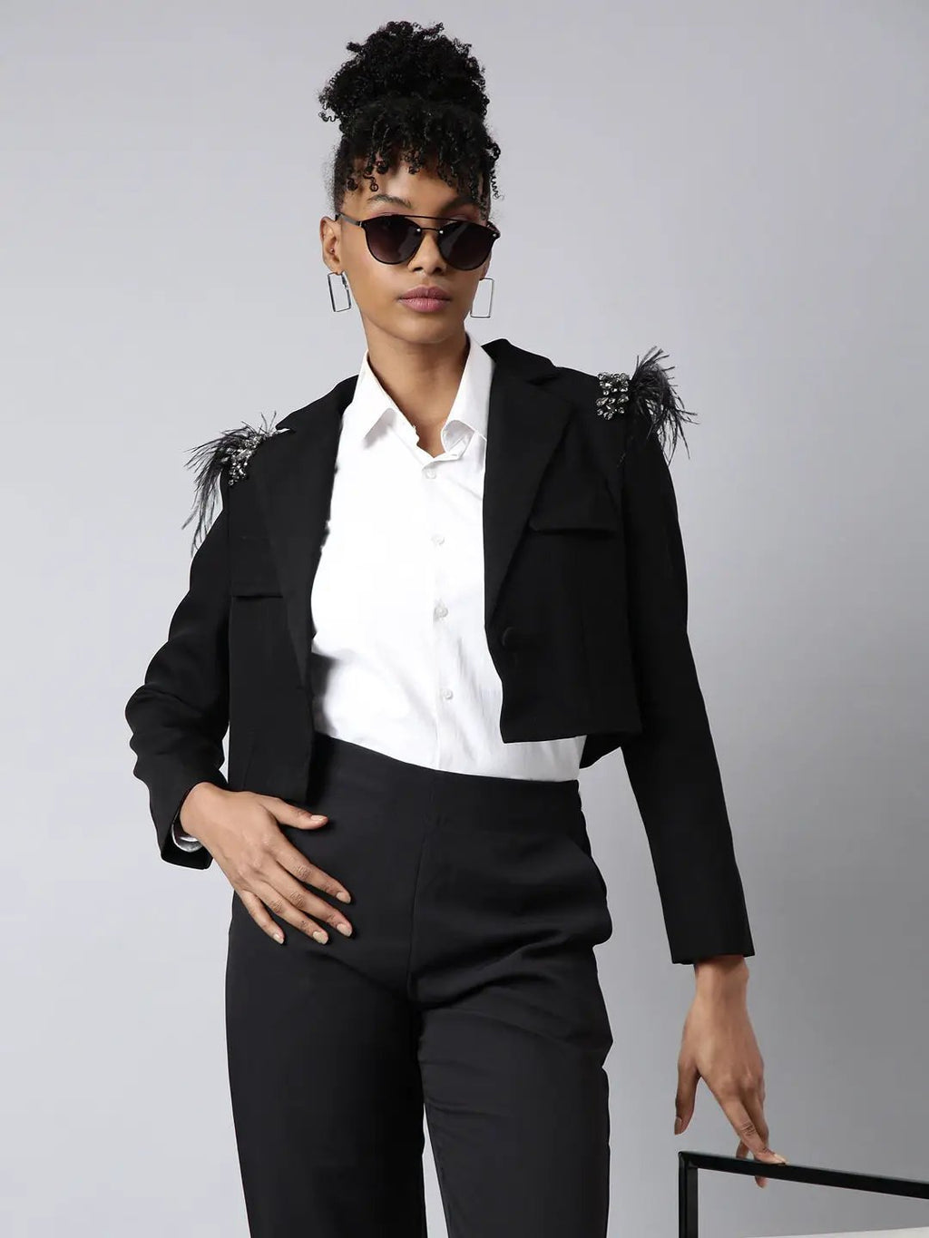 Women's Black Embellished Single-Breasted Cotton Crop Blazer