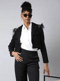 Women's Black Embellished Single-Breasted Cotton Crop Blazer