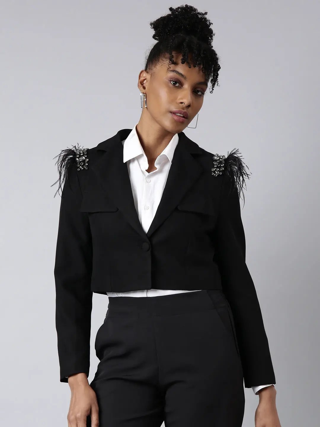 Women's Black Embellished Single-Breasted Cotton Crop Blazer