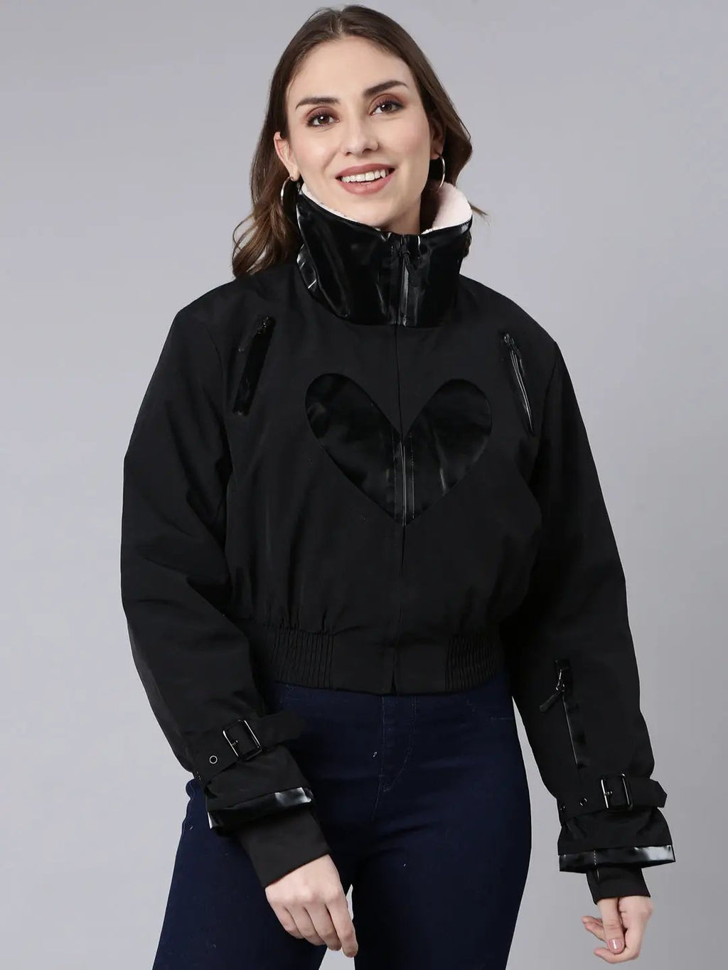 Women's Black Mock Collar Long Sleeves Crop Puffer Jacket