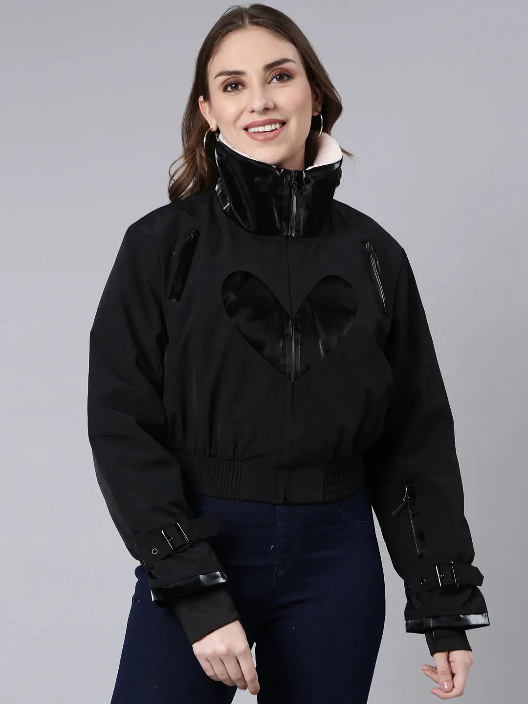 Women's Black Mock Collar Long Sleeves Crop Puffer Jacket