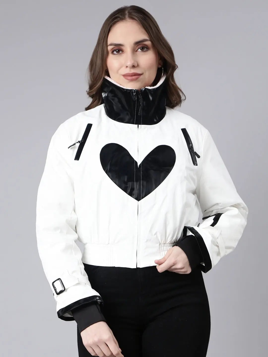 Women's White Mock Collar Crop Puffer Jacket
