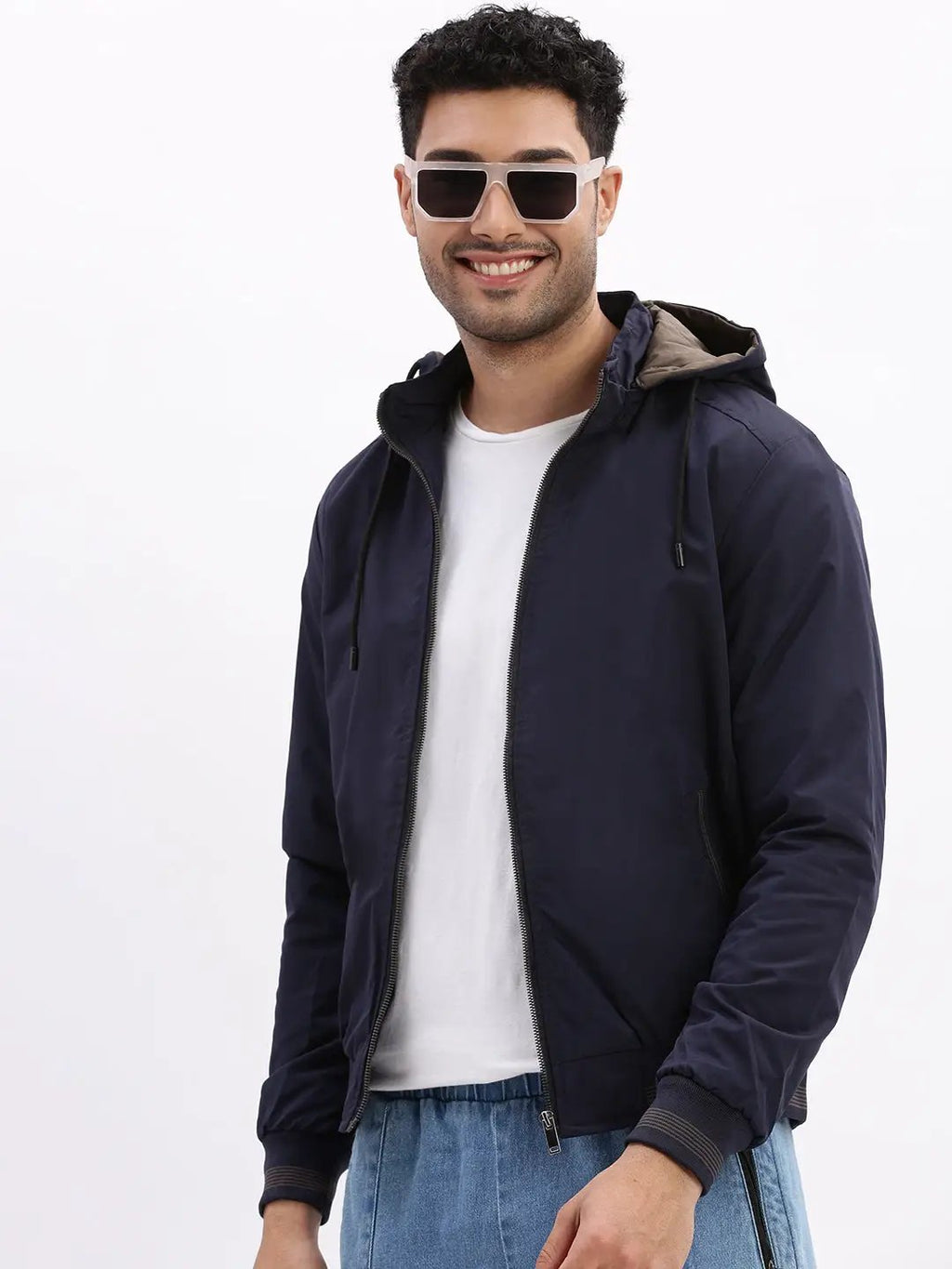 Men's Mock Collar Navy Blue Solid Bomber Jacket comes with Detachable Hoodie