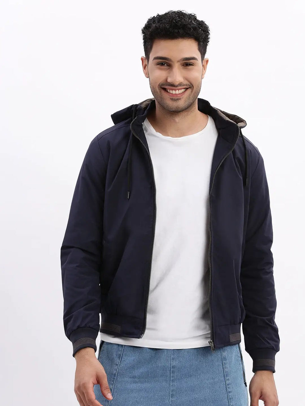 Men's Mock Collar Navy Blue Solid Bomber Jacket comes with Detachable Hoodie