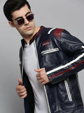 Men's Navy Blue Washed Leather Varsity Jacket