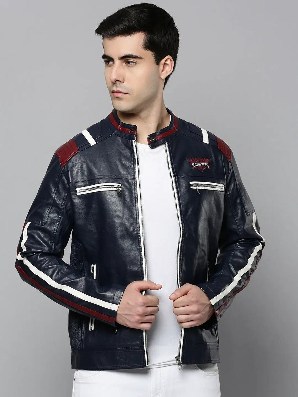 Men's Navy Blue Washed Leather Varsity Jacket