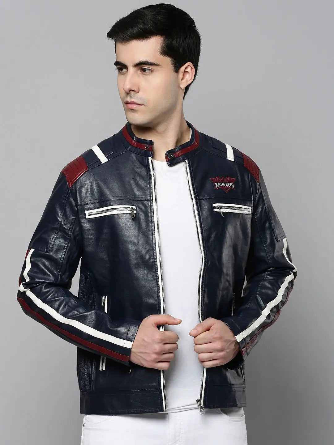 Men's Navy Blue Washed Leather Varsity Jacket