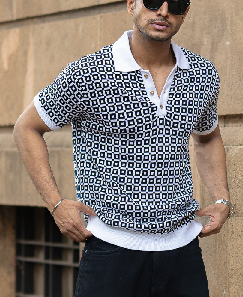 Black Jacquard Contrast Collar T-Shirt 100% Cotton