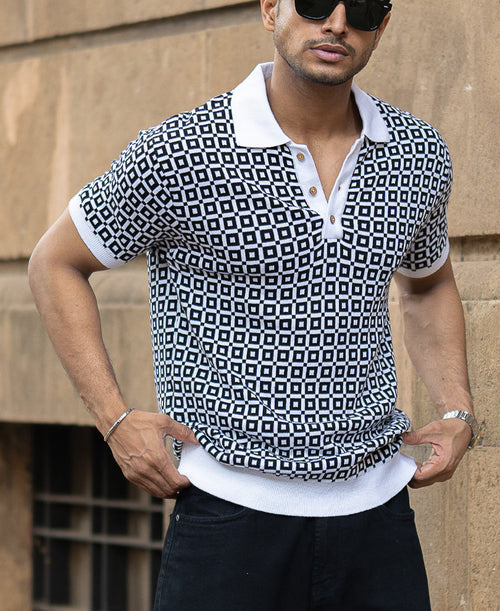 Black Jacquard Contrast Collar T-Shirt 100% Cotton