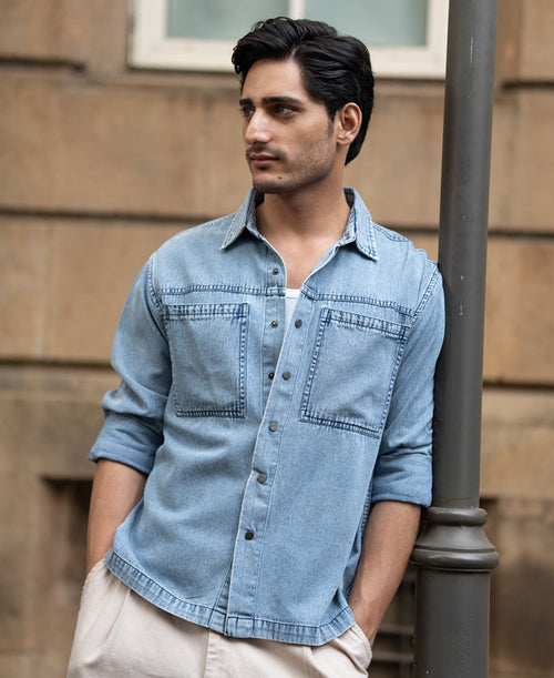 Blue Double Pocket Denim Shirt 100% Cotton