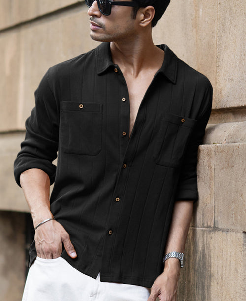 Black Double Pocket Knit Shirt 100% Cotton
