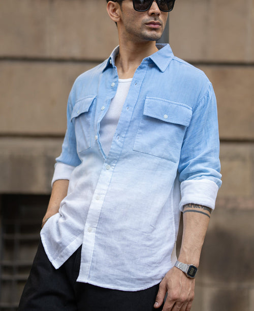 Blue Double Pocket Ombre Shirt 100% Cotton
