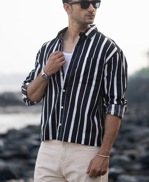 Black Lightweight Striped Shirt 100% Cotton