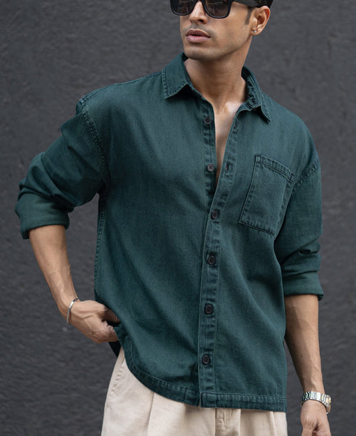 Dark Green Over Dyed Denim Shirt 100% Cotton