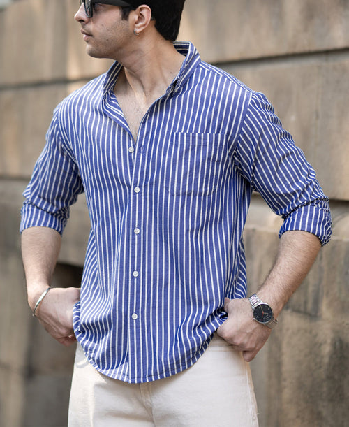 Dark Blue Lightweight Stripe Shirt 100% Cotton