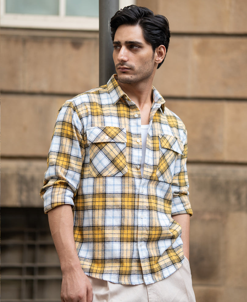 Yellow Checks Double Pocket Shirt